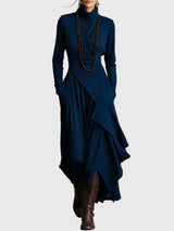 Svenja | Damen Maxi Faltenkleid – Plissee Maxikleid Faltend Elegant 2026 – Marineblau