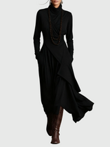 Svenja | Damen Maxi Faltenkleid – Plissee Maxikleid Faltend Elegant 2026 – Schwarz