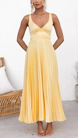 Barbara | Damen V-Ausschnitt Falten Maxi-Kleid – Gelb