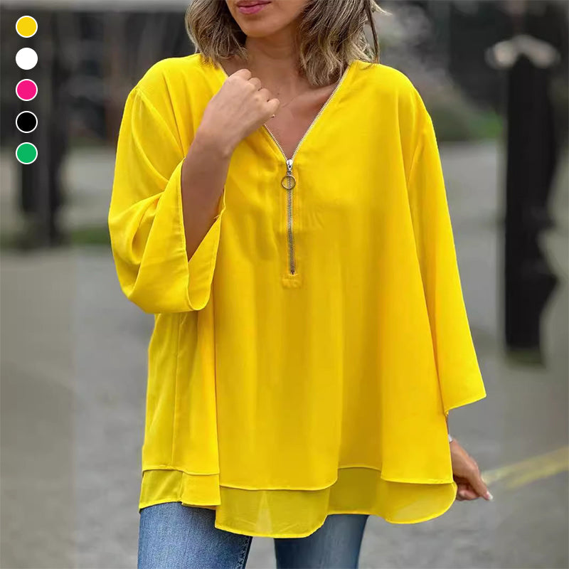 Elegantes Damen Chiffon-Top mit V-Ausschnitt und Reißverschluss