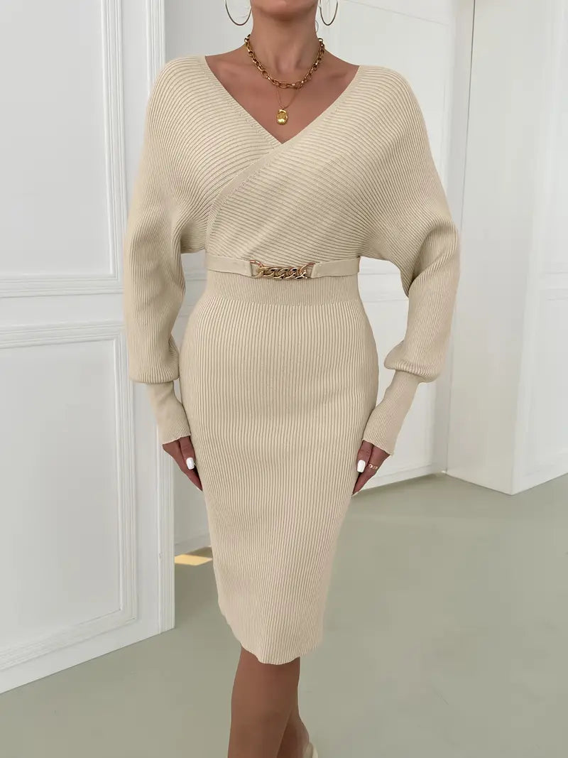 Damen Midikleid mit V-Ausschnitt und langen Ärmeln für Herbst und Winter