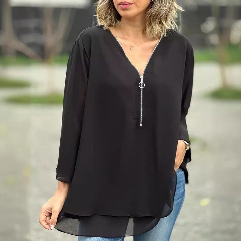 Elegantes Damen Chiffon-Top mit V-Ausschnitt und Reißverschluss