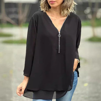Elegantes Damen Chiffon-Top mit V-Ausschnitt und Reißverschluss