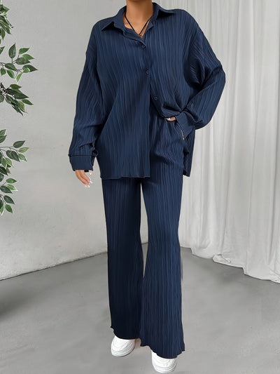 Elegantes Damen-Outfit Set: Langarm-Bluse mit Knopfleiste und elastische Taillenhose für Herbst/Winter