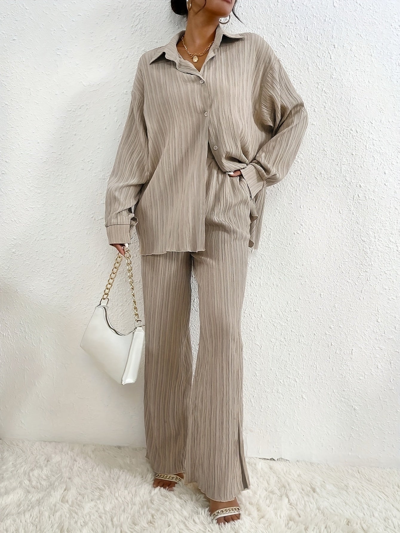 Elegantes Damen-Outfit Set: Langarm-Bluse mit Knopfleiste und elastische Taillenhose für Herbst/Winter