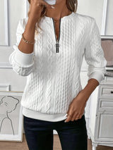 Jana | Eleganter Zopfstrickpullover Mit Reißverschlusskragen – Weißer/schwarzer Reißverschluss