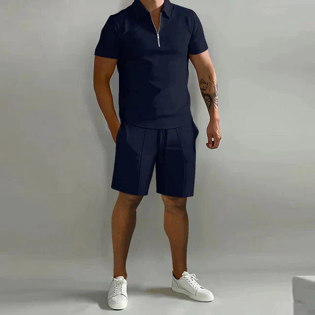 Herren Sommer Viertelreißverschluss Hemd und Shorts Set | 2-teilig