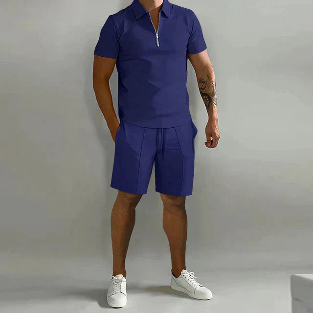 Herren Sommer Viertelreißverschluss Hemd und Shorts Set | 2-teilig