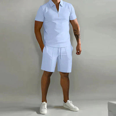 Herren Sommer Viertelreißverschluss Hemd und Shorts Set | 2-teilig