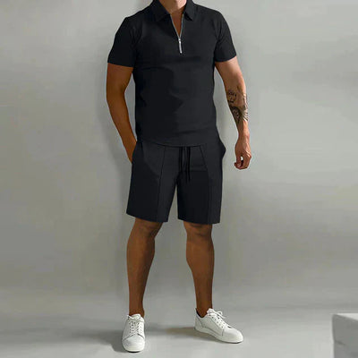 Herren Sommer Viertelreißverschluss Hemd und Shorts Set | 2-teilig