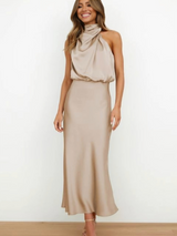 Doris | Damen Schickes Neckholder Abendkleid – Beige
