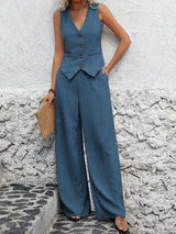 Zweiteiler Set Damen | Weste mit V-Ausschnitt & Weite Hose mit elegantem Fall – Blau