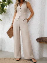 Zweiteiler Set Damen | Weste mit V-Ausschnitt & Weite Hose mit elegantem Fall – Khaki