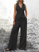 Zweiteiler Set Damen | Weste mit V-Ausschnitt & Weite Hose mit elegantem Fall – Schwarz
