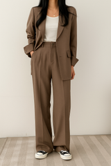 Zweiteiliges Set Damen | Blazer & Wide-Leg-Pants für klare Silhouette – Braun