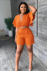 Zweiteiliges Sommeroutfit Damen | Crop-Top mit Rüschen & High-Waist-Shorts – Orange