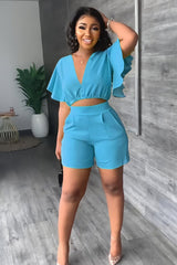 Zweiteiliges Sommeroutfit Damen | Crop-Top mit Rüschen & High-Waist-Shorts – Blau