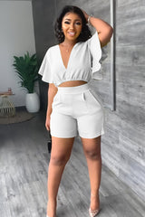 Zweiteiliges Sommeroutfit Damen | Crop-Top mit Rüschen & High-Waist-Shorts – Weiß