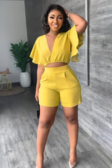 Zweiteiliges Sommeroutfit Damen | Crop-Top mit Rüschen & High-Waist-Shorts – Gelb
