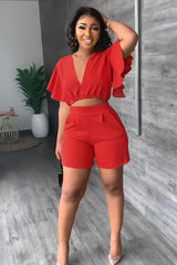 Zweiteiliges Sommeroutfit Damen | Crop-Top mit Rüschen & High-Waist-Shorts – Rot
