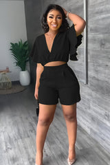 Zweiteiliges Sommeroutfit Damen | Crop-Top mit Rüschen & High-Waist-Shorts – Schwarz