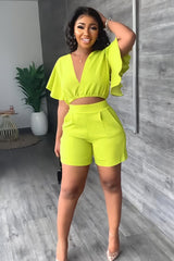 Zweiteiliges Sommeroutfit Damen | Crop-Top mit Rüschen & High-Waist-Shorts – Grün