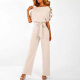 Weites Bein Jumpsuit Damen – Gürtel & Kurzarm – Beige