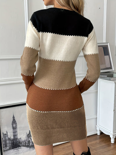 Stilvolles Baumwollkleid mit Farbblock-Design, langen Ärmeln und Rundhalsausschnitt für Damen | Ideal für den Sommer