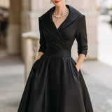 Satin-Midi-Kleid für Damen | A-Linie mit Schalkragen – Schwarz