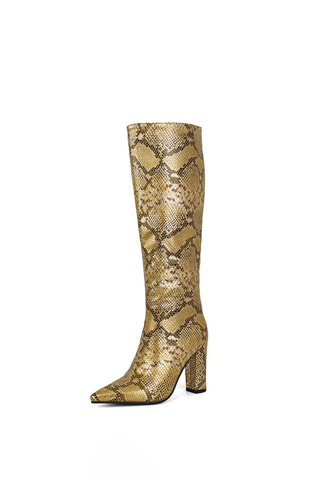 Eve | Goldene Stiefel mit Schlangenleder-Optik – Ein eleganter Hingucker