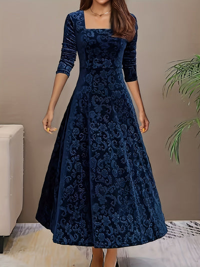Ilse - Stilvolles Samtkleid mit quadratischem Ausschnitt und Blumenmuster für Damen