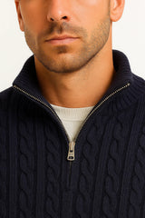 Julian | Klassischer Strickpullover mit Zopfmuster und Reißverschluss – Tiefblaugrün