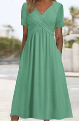 Damen Kurzarm V-Ausschnitt Maxikleid – Grun
