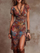 Damen Gerafftes Boho Midikleid – Lässiges Blumiges Sommerkleid – staubiges Rot