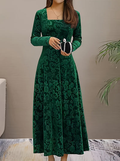 Ilse - Stilvolles Samtkleid mit quadratischem Ausschnitt und Blumenmuster für Damen