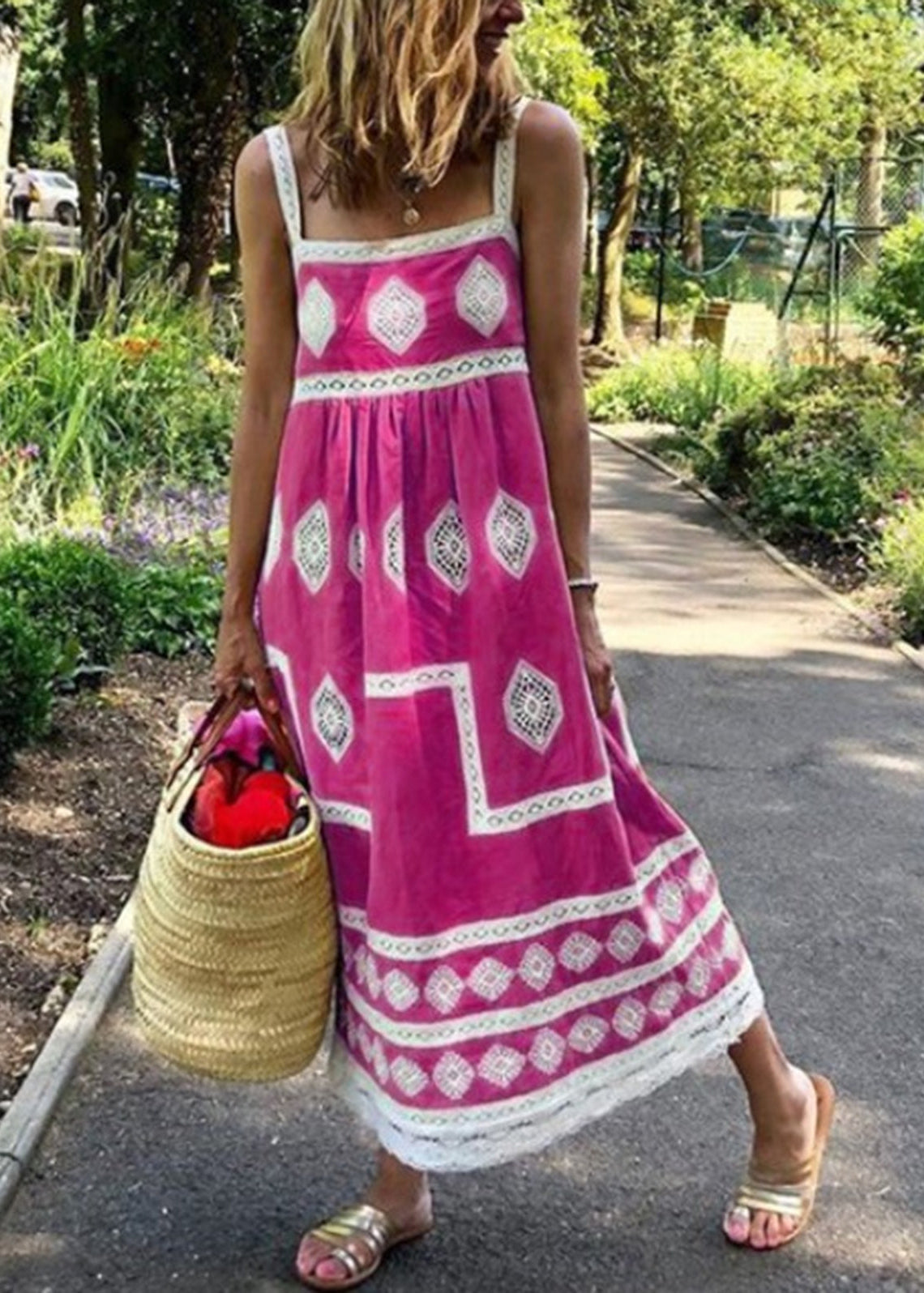 Lara® | Gelbes Boho-Muster Maxikleid mit quadratischem Ausschnitt