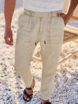Herren Weit Geschnittene Leinenhose – Freizeit Sommerhose Mit Kordelzug – Khaki