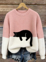 Damen Oversized Pullover mit Farbblockdesign und Katzenmotiv – Rosa
