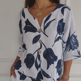 Lara Blumen V-Ausschnitt Bluse Damen | Elegant & Bequem – Weiß