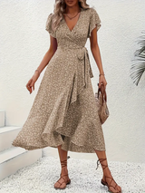Hannah | V-Ausschnitt Wickel Kleid Rüschen – Kamel