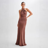 Adrianna | Damen Maxi Halterkleid – Elegantes Halter Sommerkleid Hochzeit & Abend 2026 – Braun