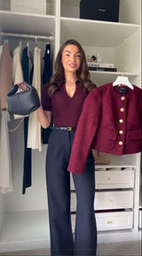 Damen Bordeaux Tweed Dreiteiliges Set – Elegantes Jacken Outfit – SET