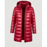 Aileen | Damen Steppjacke mit Kapuze, Reißverschluss und langer Silhouette – Rot