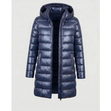 Aileen | Damen Steppjacke mit Kapuze, Reißverschluss und langer Silhouette – Blau