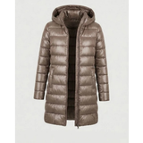 Aileen | Damen Steppjacke mit Kapuze, Reißverschluss und langer Silhouette – Khaki