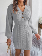 Nina | Damen Strickkleid stilvoll langärmlig & mit Knöpfen – Grau