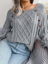 Aldwina | Damen Zopfmuster-Strickpullover mit Knöpfen – Grau
