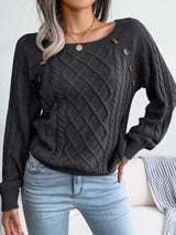 Aldwina | Damen Zopfmuster-Strickpullover mit Knöpfen – Schwarz