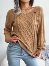 Aldwina | Damen Zopfmuster-Strickpullover mit Knöpfen – Braun