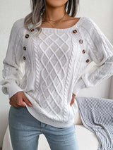 Aldwina | Damen Zopfmuster-Strickpullover mit Knöpfen – Weiß